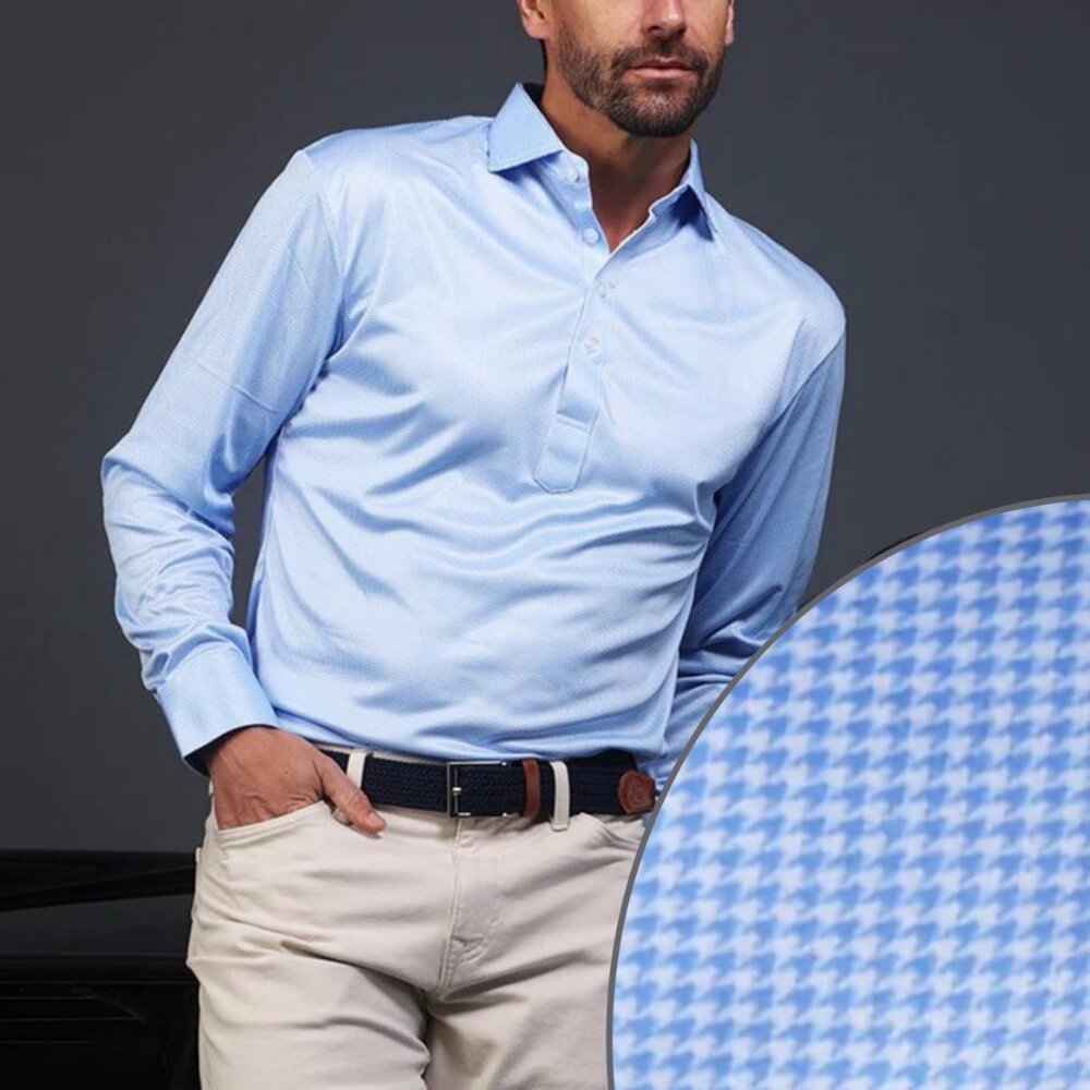 Collars & Co Semi-Spread Collar Long-Sleeve Golf Polo, Blue Houndstooth, XXL